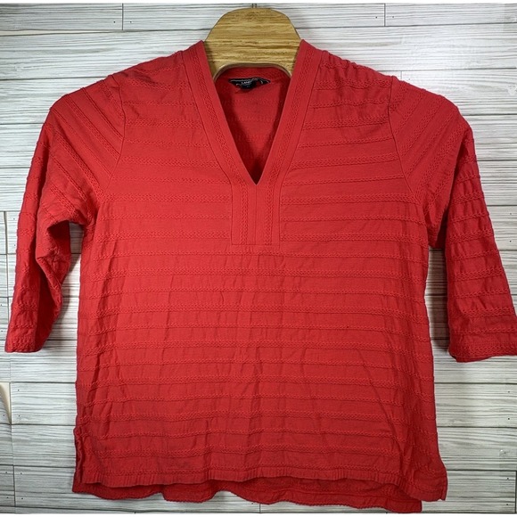 Lands End Women's Coral Orange Knit Top Sz XL Braided Design V-Neck Pullover - Picture 1 of 8